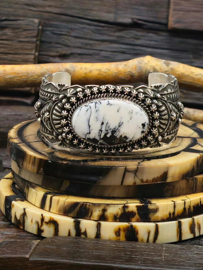 Stamped Sterling Silver and White Buffalo Cuff by Happy Piazzo - 6 3/4 in