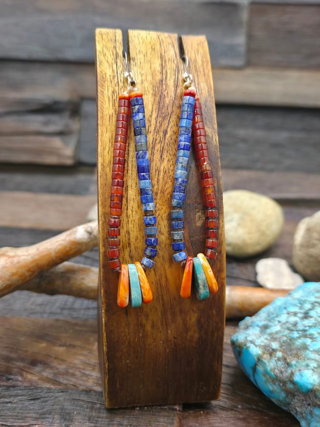 Lapis, Carnelian, Turquoise, and Spiny Jacla Earrings by Robert Coriz - 3 1/2 in. by 5/8 in.