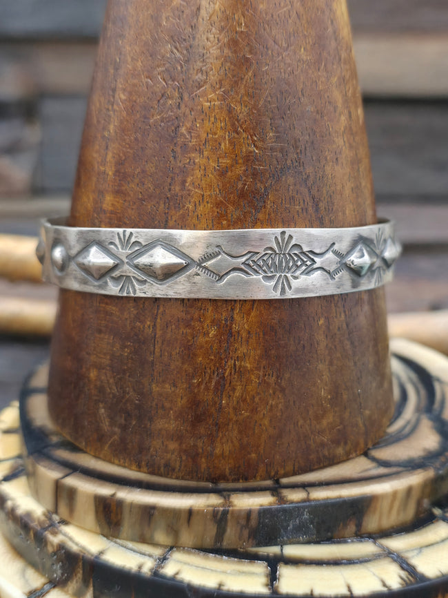 Stamped Sterling Silver Bangle by Elvira Bill - Diamond Pattern - 8 in.