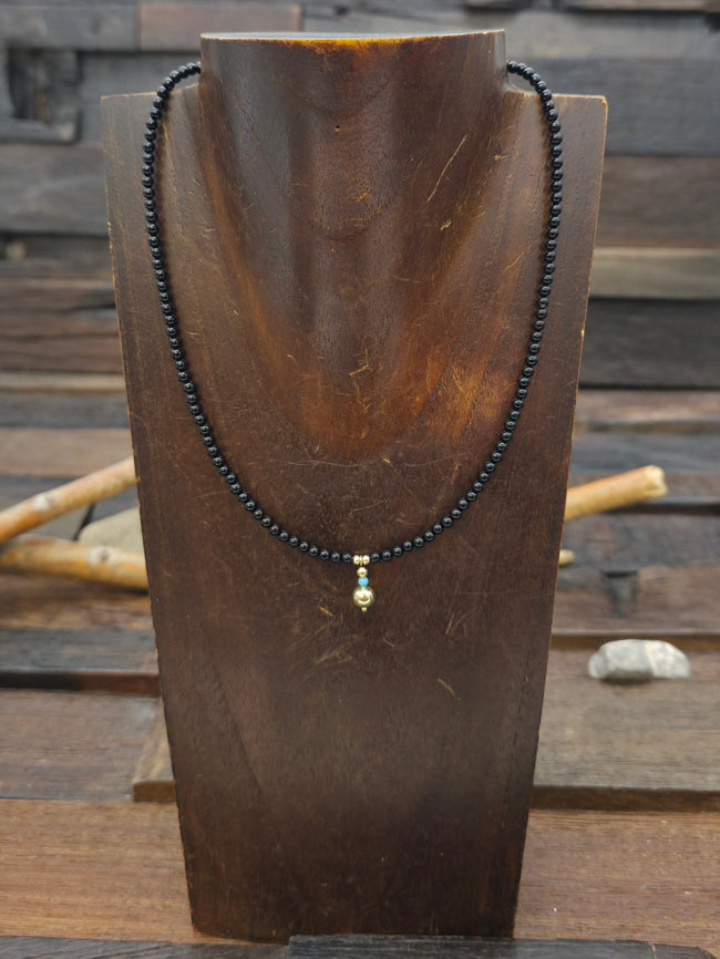 Onyx and 14K Gold Bead Necklace with Magnetic Clasp - NON NATIVE MADE - 18 in.