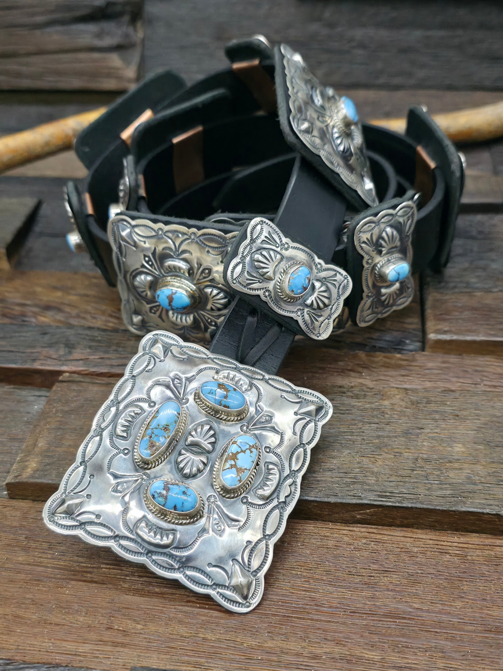 Sterling Silver Golden Hill Turquoise Concho Belt by Geraldine Yazzie - 54 in.