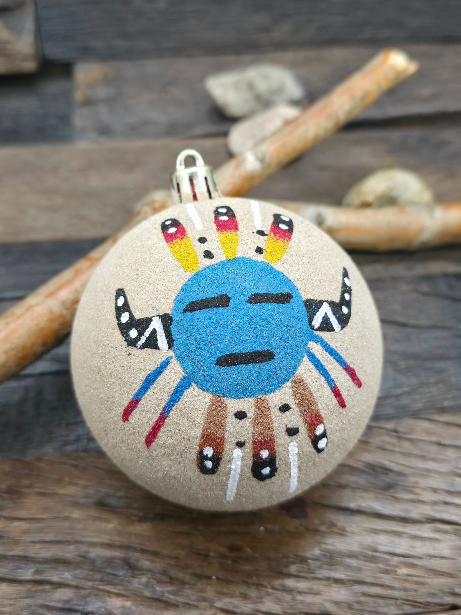 Large Sand Painting Christmas Ornament Bauble by Bingo Smith - Mask Blue