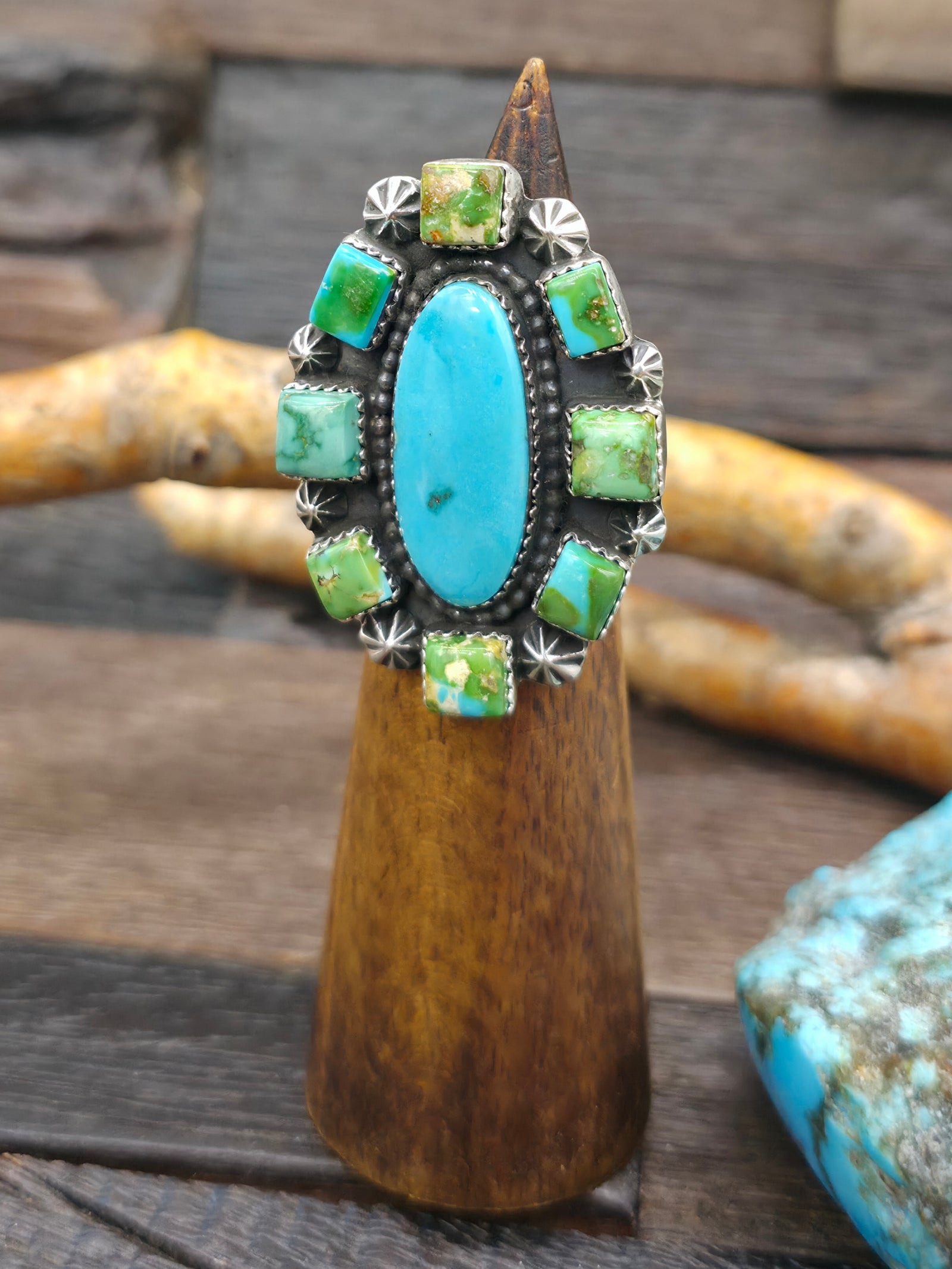 Sterling Silver Sonoran and Candelaria Turquoise Cluster Ring by Rosella Paxson - Size 8