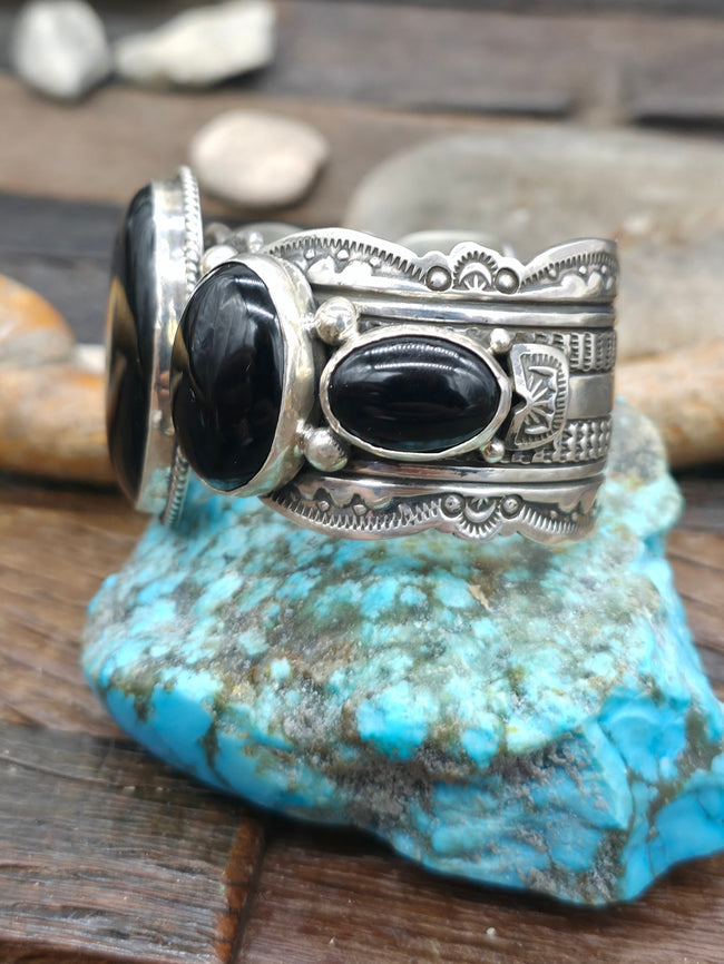 Stamped Sterling Silver Five Stone Onyx Cuff by Happy Piasso - 7 in. with Gap