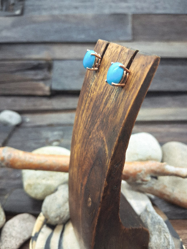 14 KT Rose Gold Sleeping Beauty Turquoise Oval Stud Post Earrings