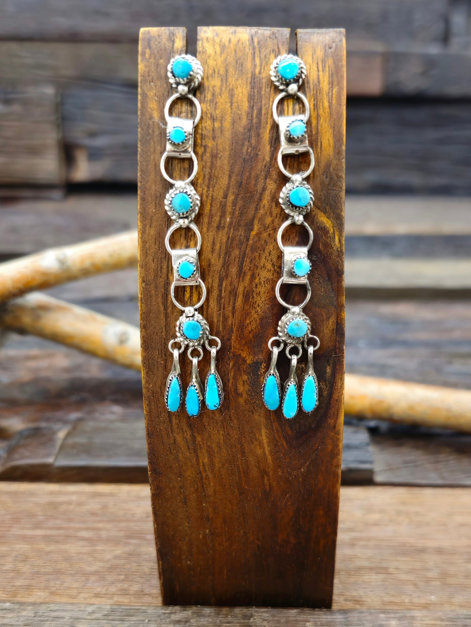 Blue Turquoise and Sterling Silver Zuni Chandelier Earrings by Viola Bobelu - 3 in