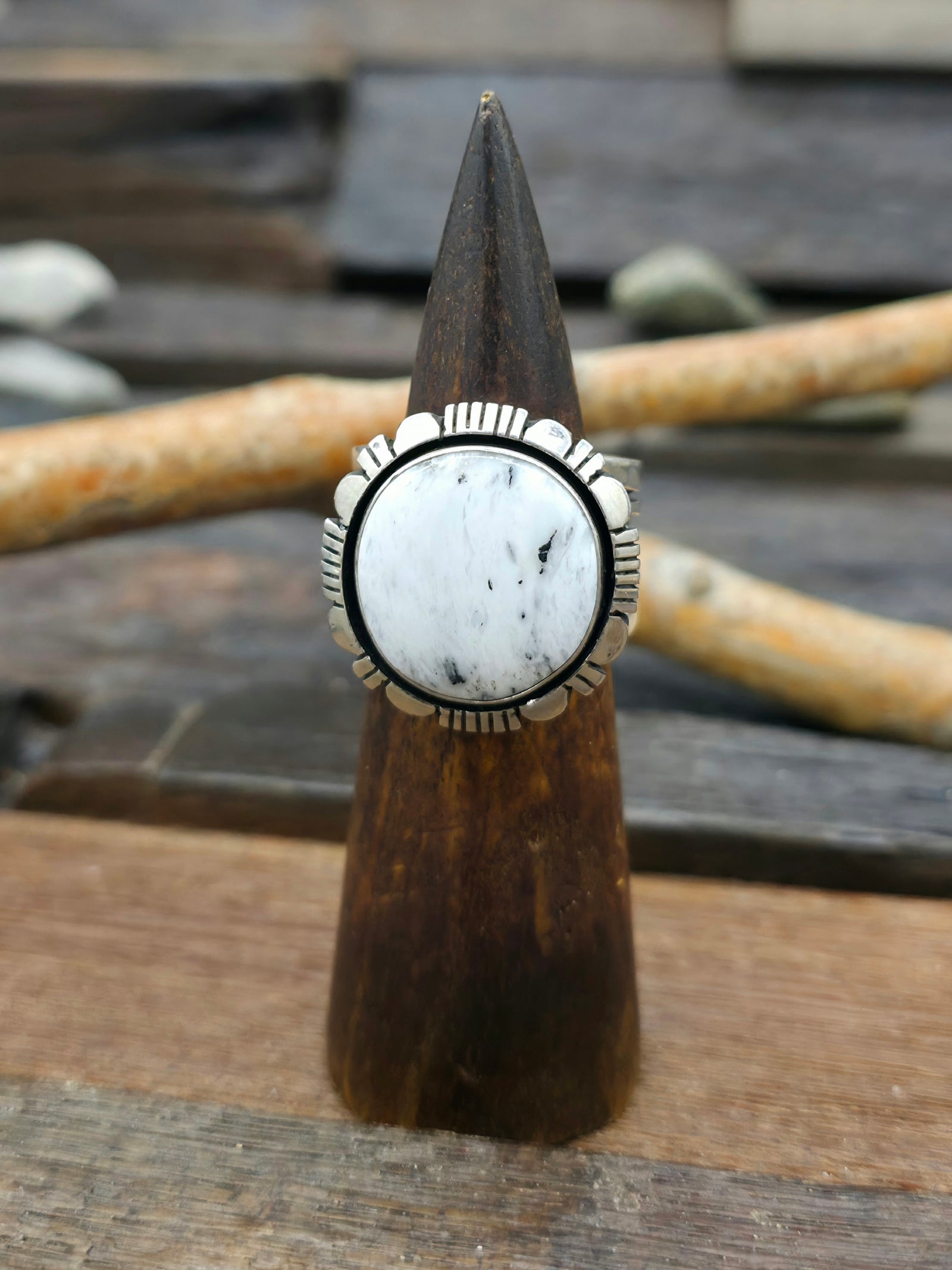 Wide Round White Buffalo and Sterling Silver Ring by C. Willie - Size 12