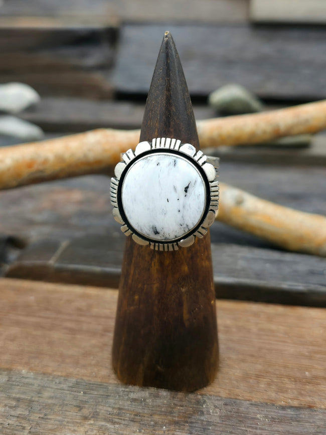 Wide Round White Buffalo and Sterling Silver Ring by C. Willie - Size 12