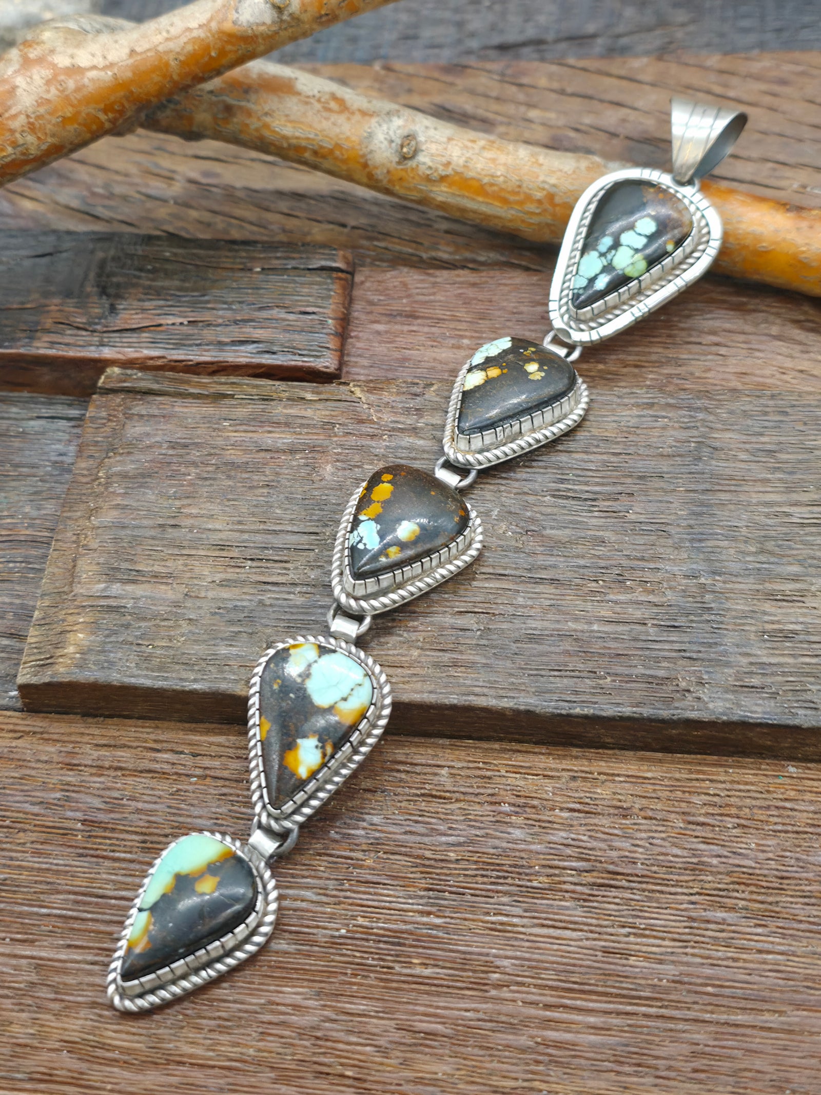 Five Stone Sterling Silver and Sky Horse Turquoise Ladder Pendant by Walter Vandever - 6 1/2 in. by 1 in.