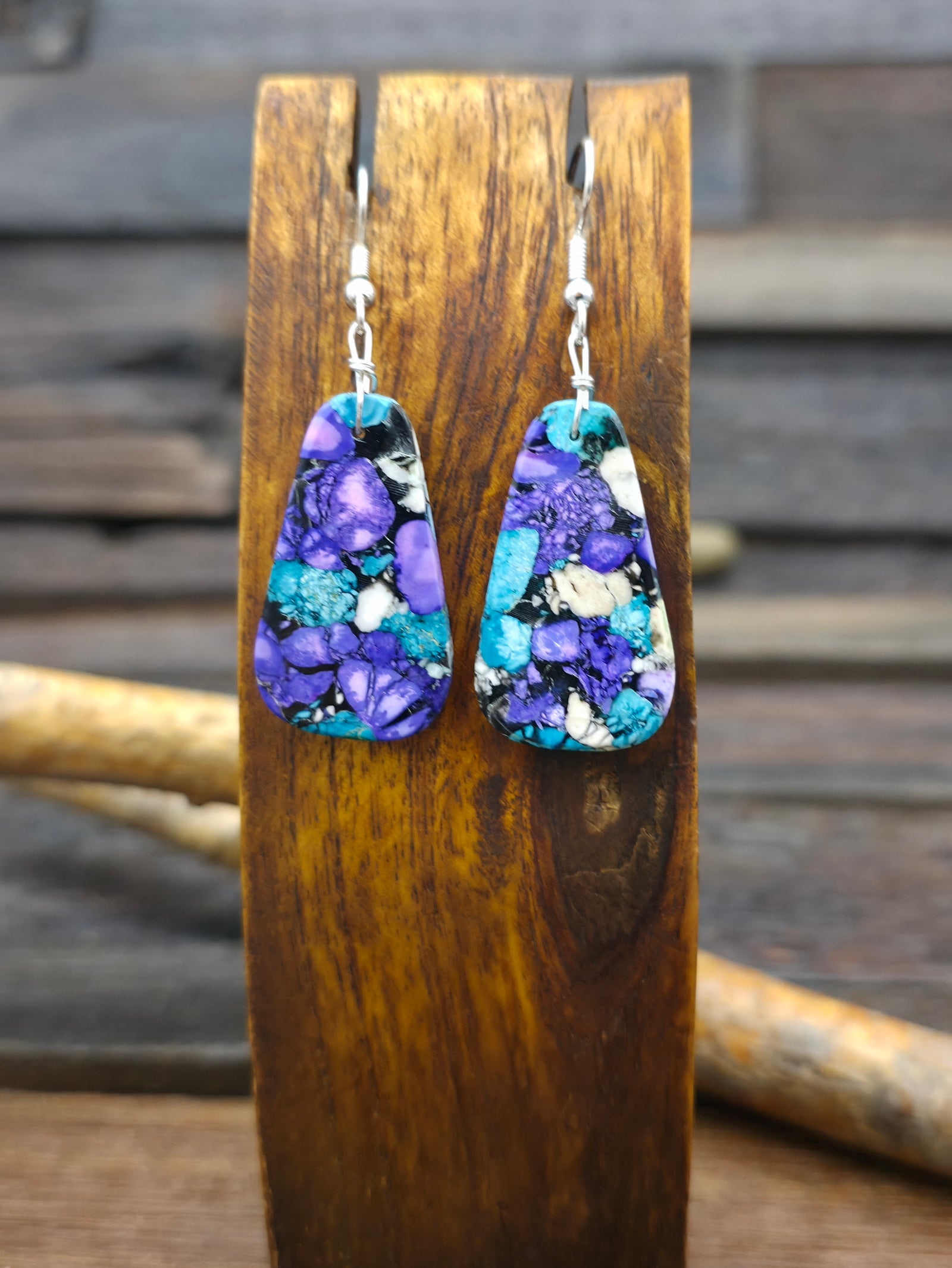 Blue/Purple Dyed Composite Slab Hook Earrings by Robert Crespin