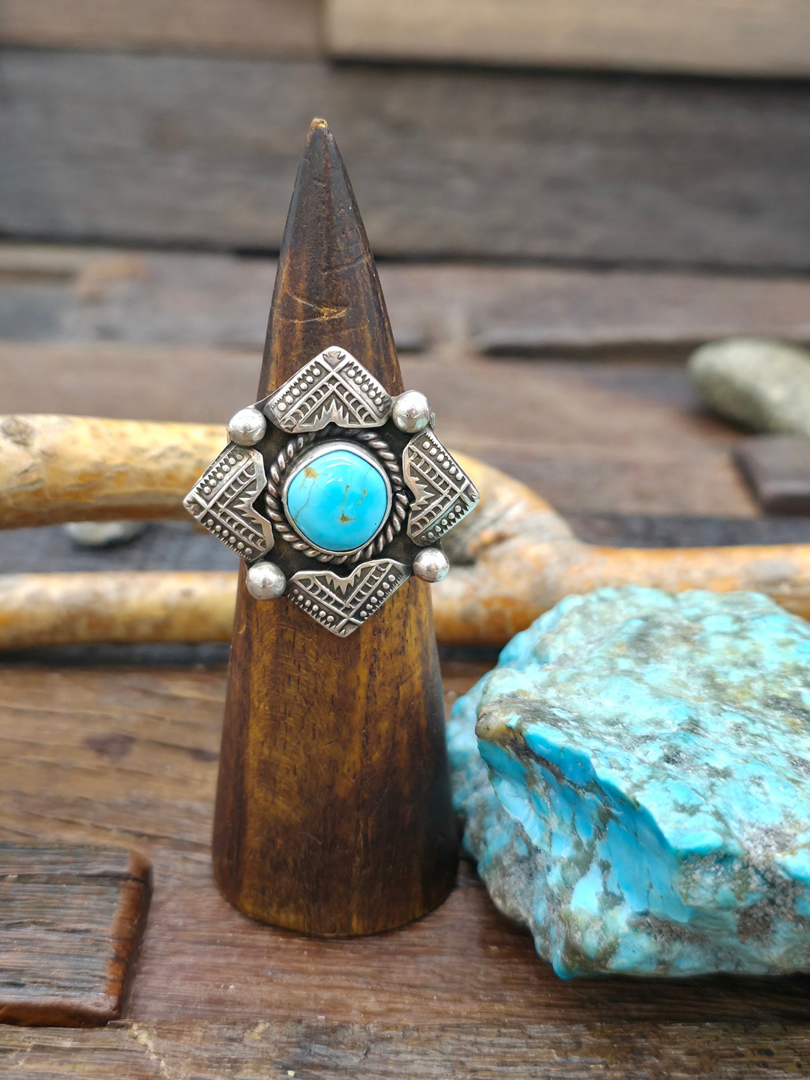 Stamped Sterling Silver Kingman Turquoise Ring by G. Hale - Size 12.5