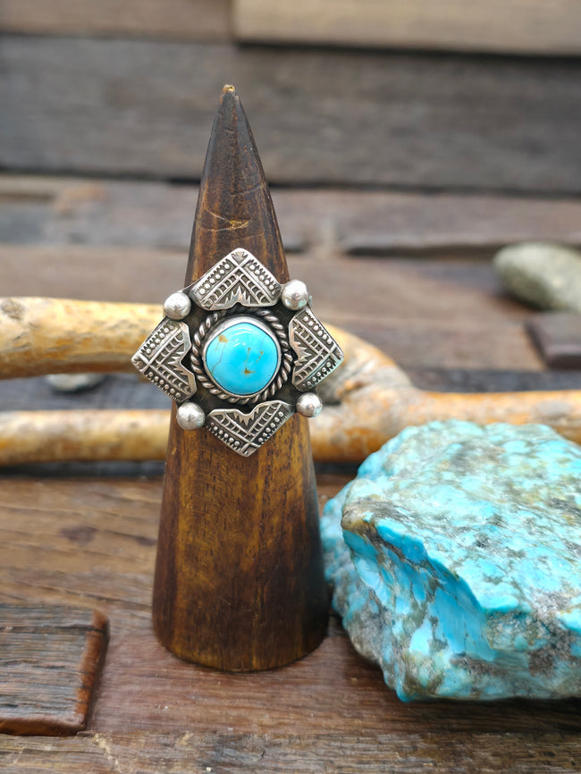 Stamped Sterling Silver Kingman Turquoise Ring by G. Hale - Size 12.5