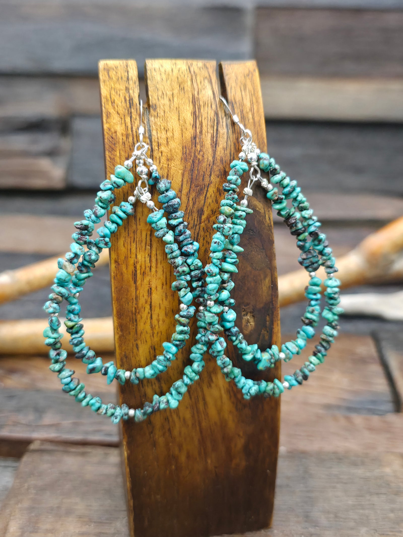Double Loop Green Turquoise Nugget Earrings by Lucinda Sardo - 3 1/2 in. by 1 3/4 in.