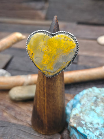 Three Stone Kingman Turquoise Stamped Sterling Silver Ring by Brenda Pete - Adjustable