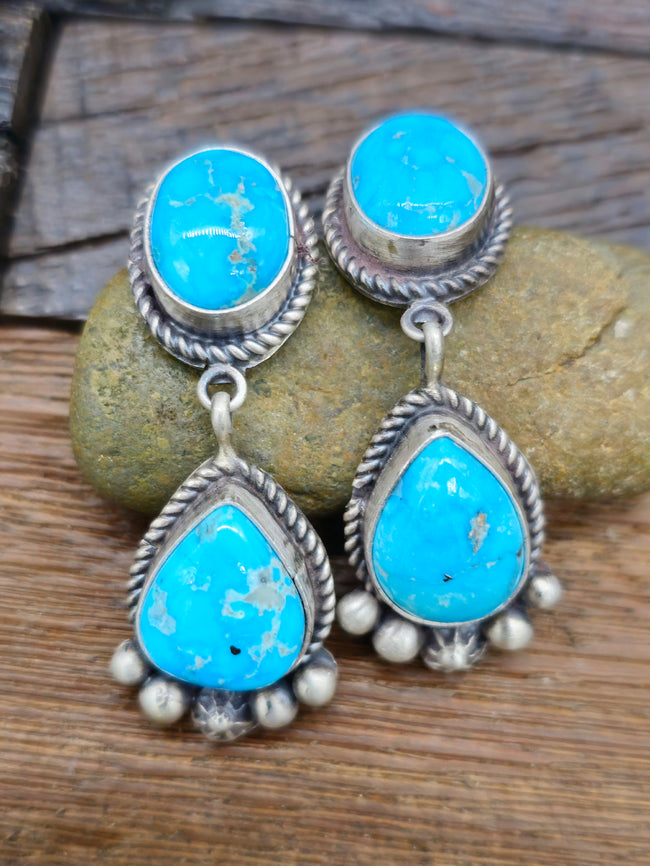 Blue Bird Turquoise Squash Blossom Necklace and Earring Set by LaRose Ganadanegro - 26 in.
