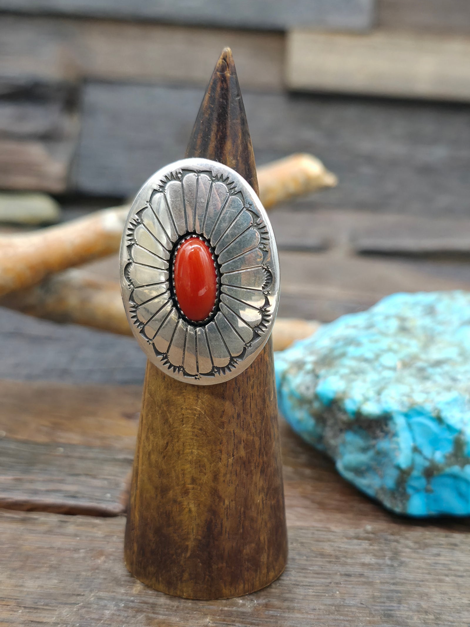Sterling Silver Coral Shadowbox Ring by "TN" - Size 10