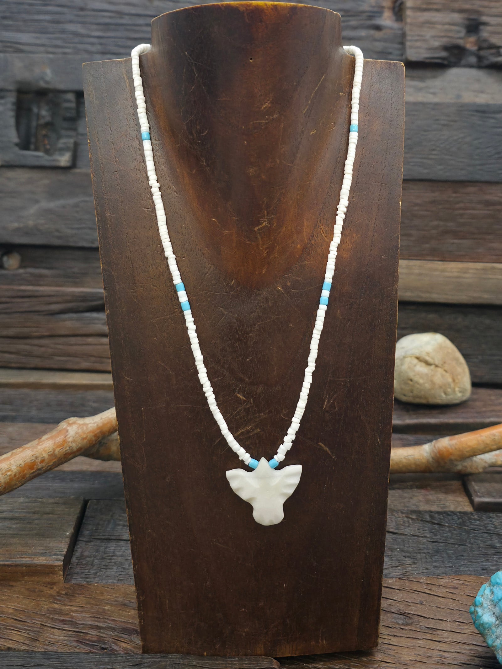 Clamshell Heishi and White Stone Bird Necklace by Matt Mitchell - 18 in.