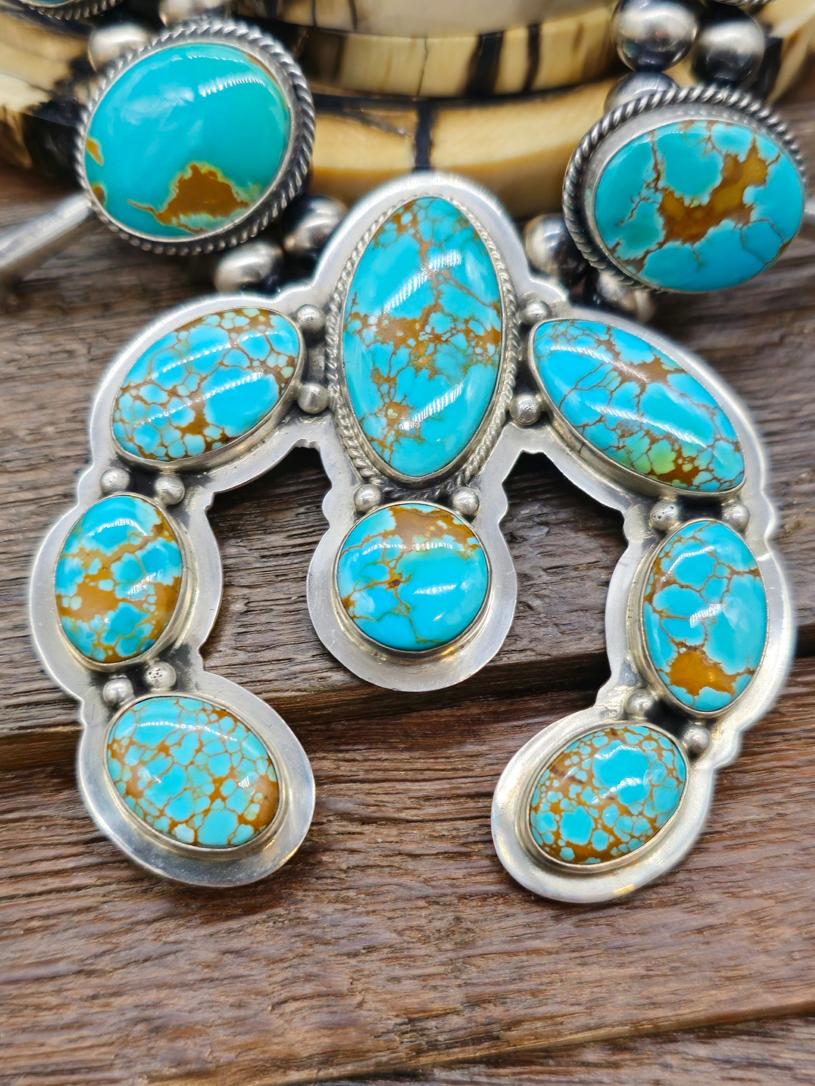 Blue Turquoise Squash Blossom Necklace and Earring Set by Nila Johnson - 26 in.
