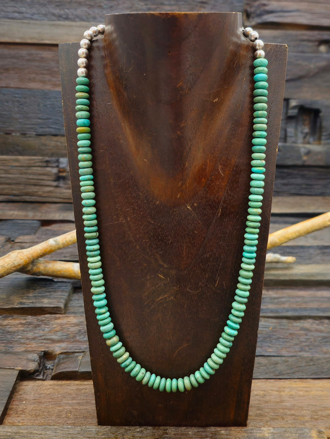 Green Turquoise and Sterling Silver Bead Necklace - 22 in