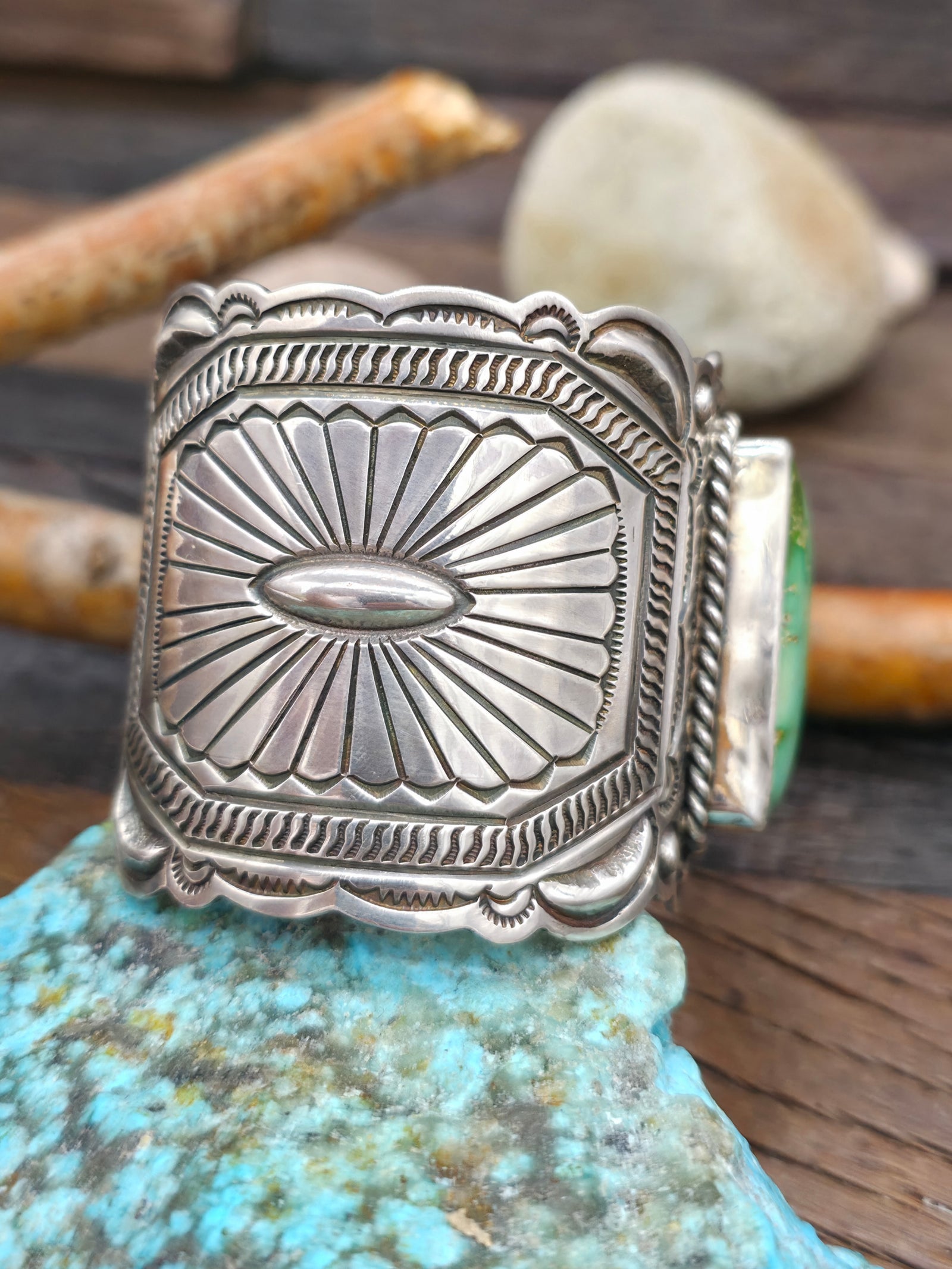 Stamped Sterling Silver Royston Turquoise Cuff Bracelet by J. Delgarito - 7 in.