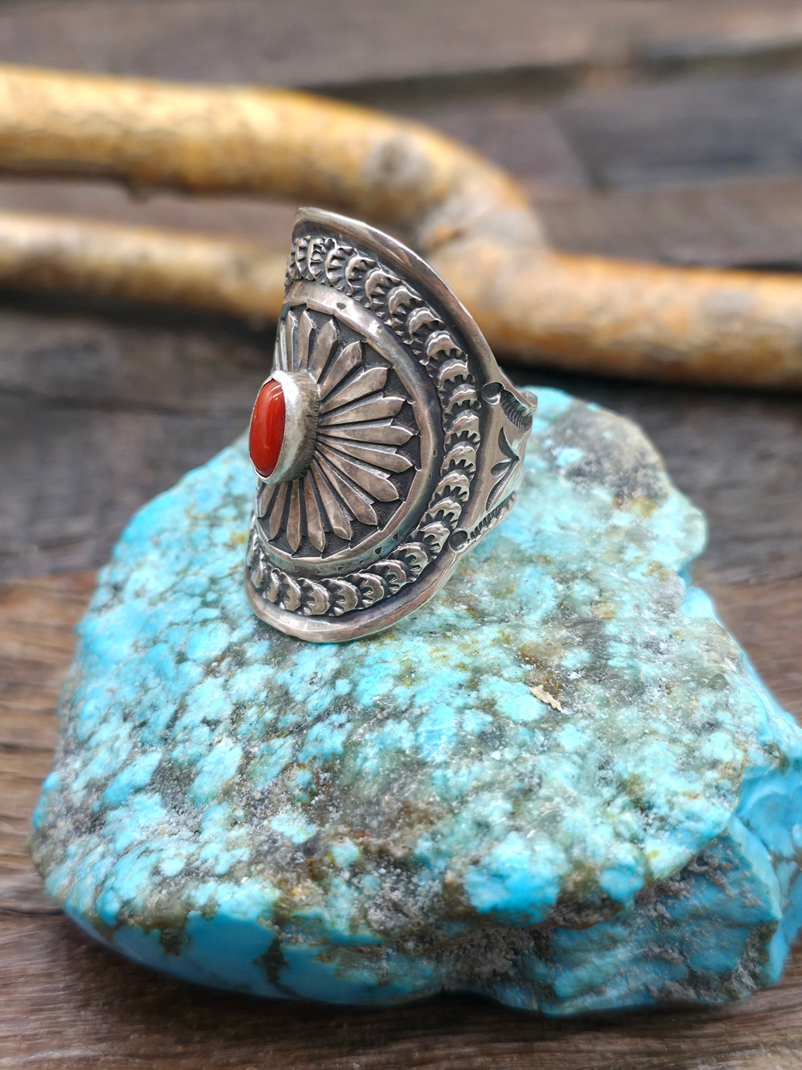 Stamped Sterling Silver Saddle Ring with Coral by Sunshine Reeves - Size 13