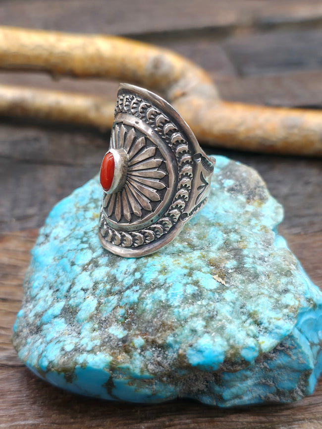 Stamped Sterling Silver Saddle Ring with Coral by Sunshine Reeves - Size 13