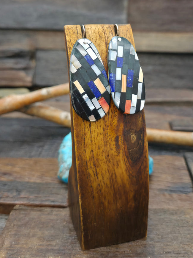Mosaic Inlay Earrings by Charlene Reano - Jet, Mother of Pearl, Spiny, Lapis - 2 1/4 in. by 1 in.