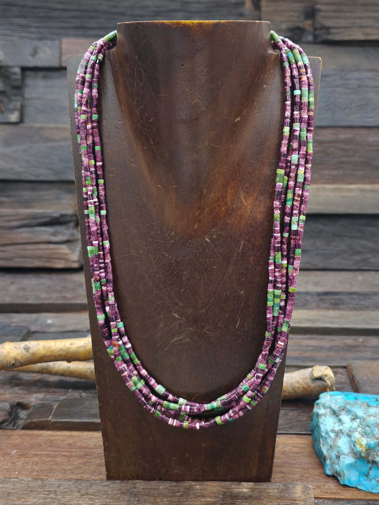 5 Strand Purple Spiny Oyster Shell Green Turquoise Necklace by Fred Archuleta - 21 in w/6 1/2 in Extender