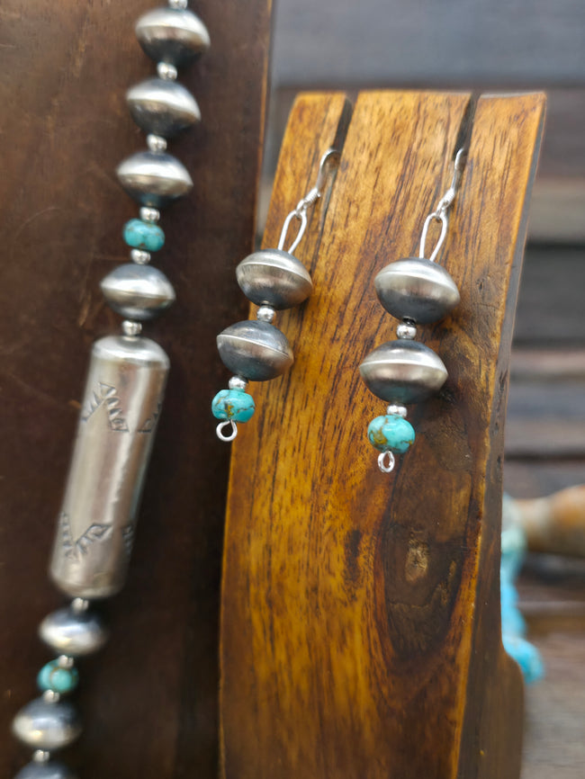 Stamped Sterling Silver and Blue Turquoise Bead Necklace and Earring Set by Sharon Cooley - 33 in.
