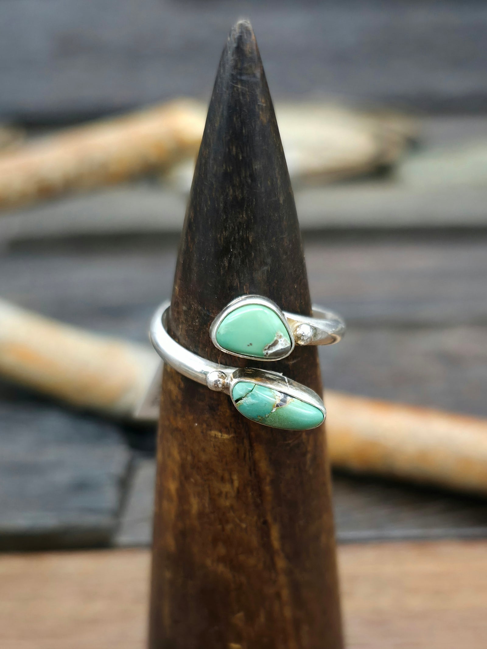 Two Stone Turquoise Sterling Silver Wraparound Ring by Darlene Platero - Adjustable