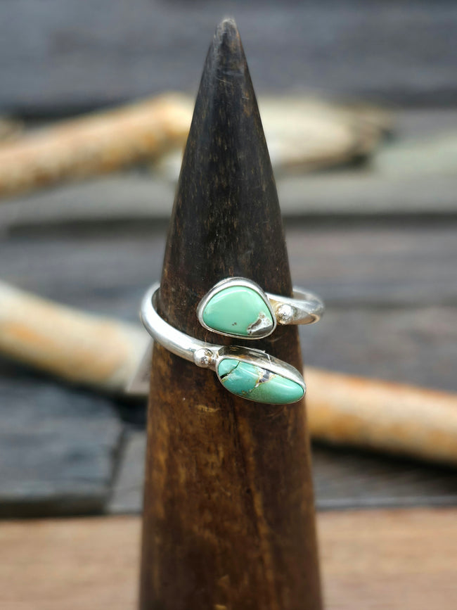 Two Stone Turquoise Sterling Silver Wraparound Ring by Darlene Platero - Adjustable