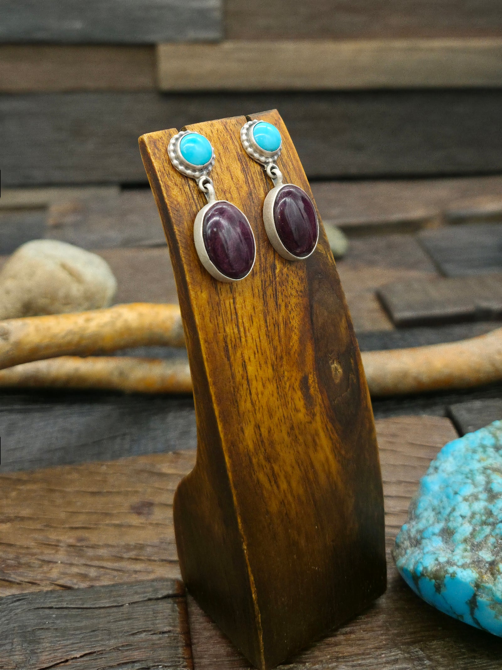 Sterling Silver Turquoise and Purple Spiny Post Dangle Earrings