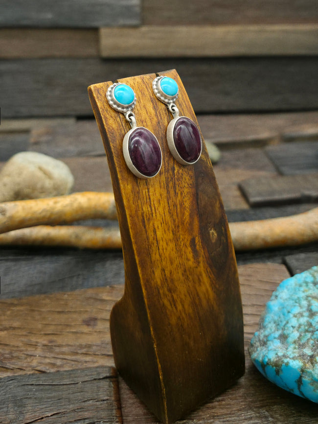 Sterling Silver Turquoise and Purple Spiny Post Dangle Earrings
