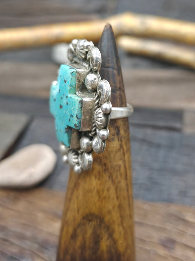 Repousse Stamped Sterling Silver Green Turquoise Santa Fe Cross Ring by Richard Jim - Adjustable