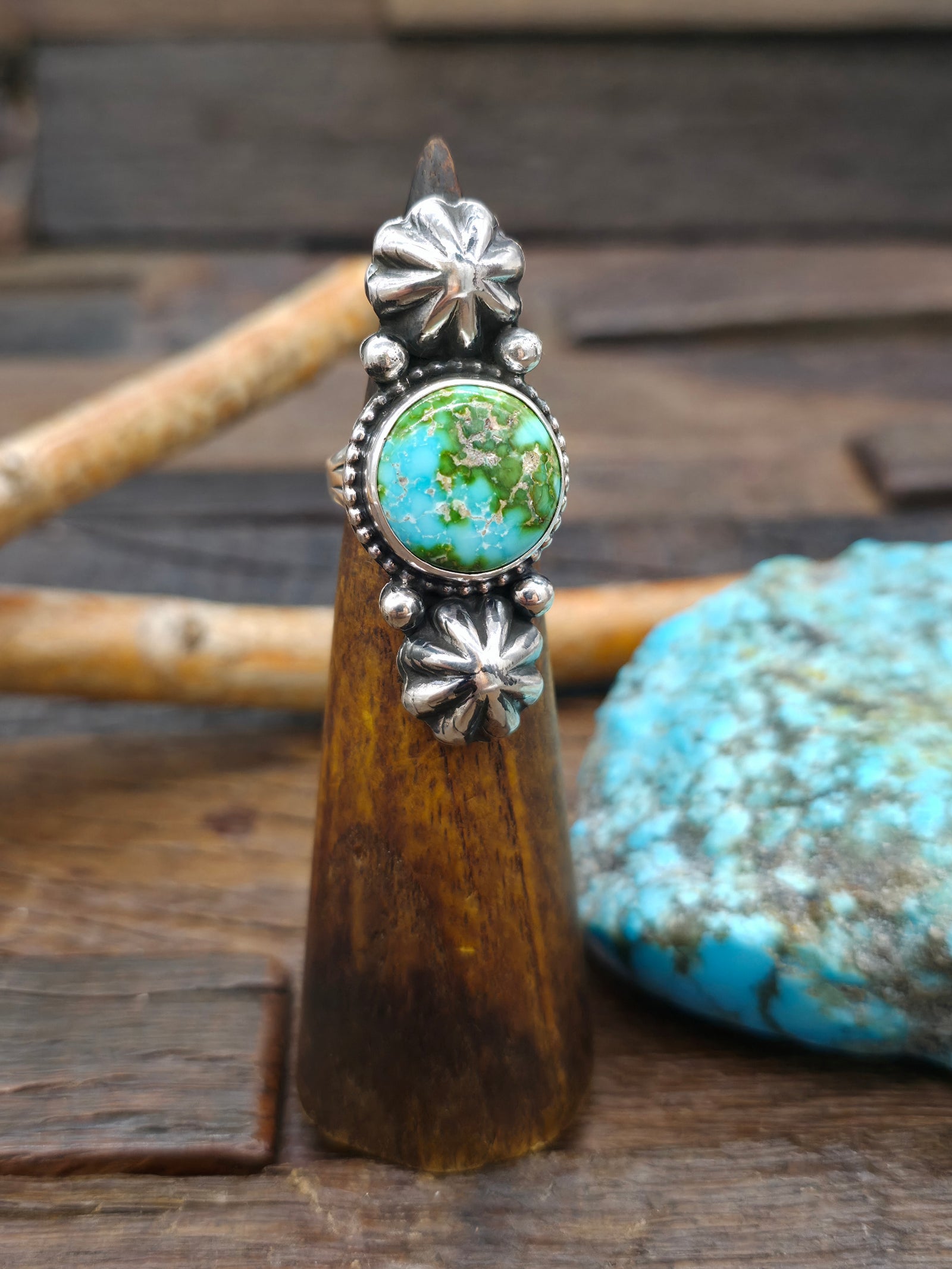 Sonoran Turquoise Two Starshot Sterling Silver Ring by Mary Ellen - Size 7 1/2