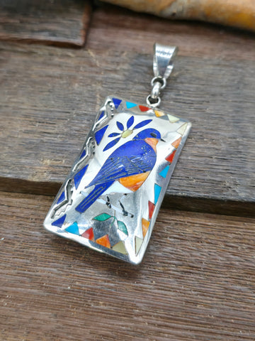 High Shine Sterling Silver Bluebird Inlay Pendant by Quintin Quam- 3 in. by 1 in.