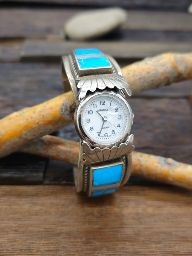 Vintage/Estate Sterling Silver and Turquoise Inlay Watch Cuff -6 1/2 in.