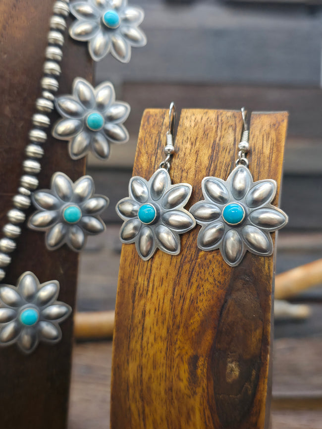 Stamped Sterling Silver and Turquoise Flower Necklace and Earring Set by Robert John - 20 in.