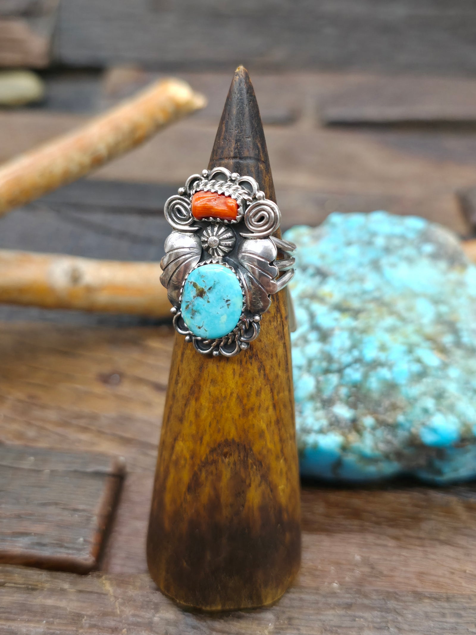 Two Stone Kingman Turquoise and Coral Ring with Sterling Silver Leaf Applique by Renee Yazzie - Size 9