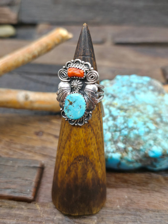 Two Stone Kingman Turquoise and Coral Ring with Sterling Silver Leaf Applique by Renee Yazzie - Size 9