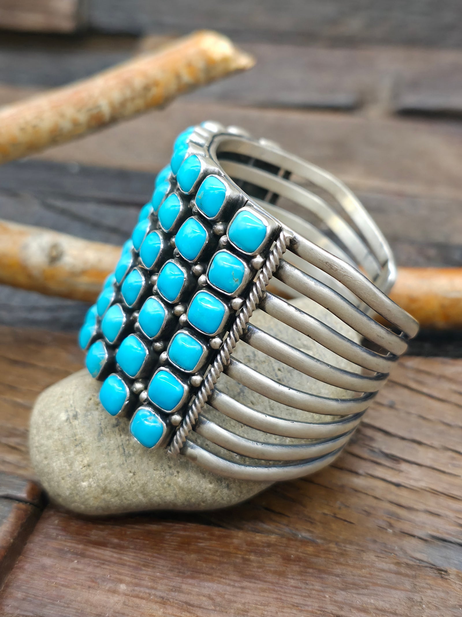 Six Row Sterling Silver Sleeping Beauty Turquoise Cuff Bracelet by Paul Livingston - 6 1/2 in. with Gap