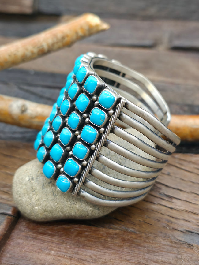Six Row Sterling Silver Sleeping Beauty Turquoise Cuff Bracelet by Paul Livingston - 6 1/2 in. with Gap