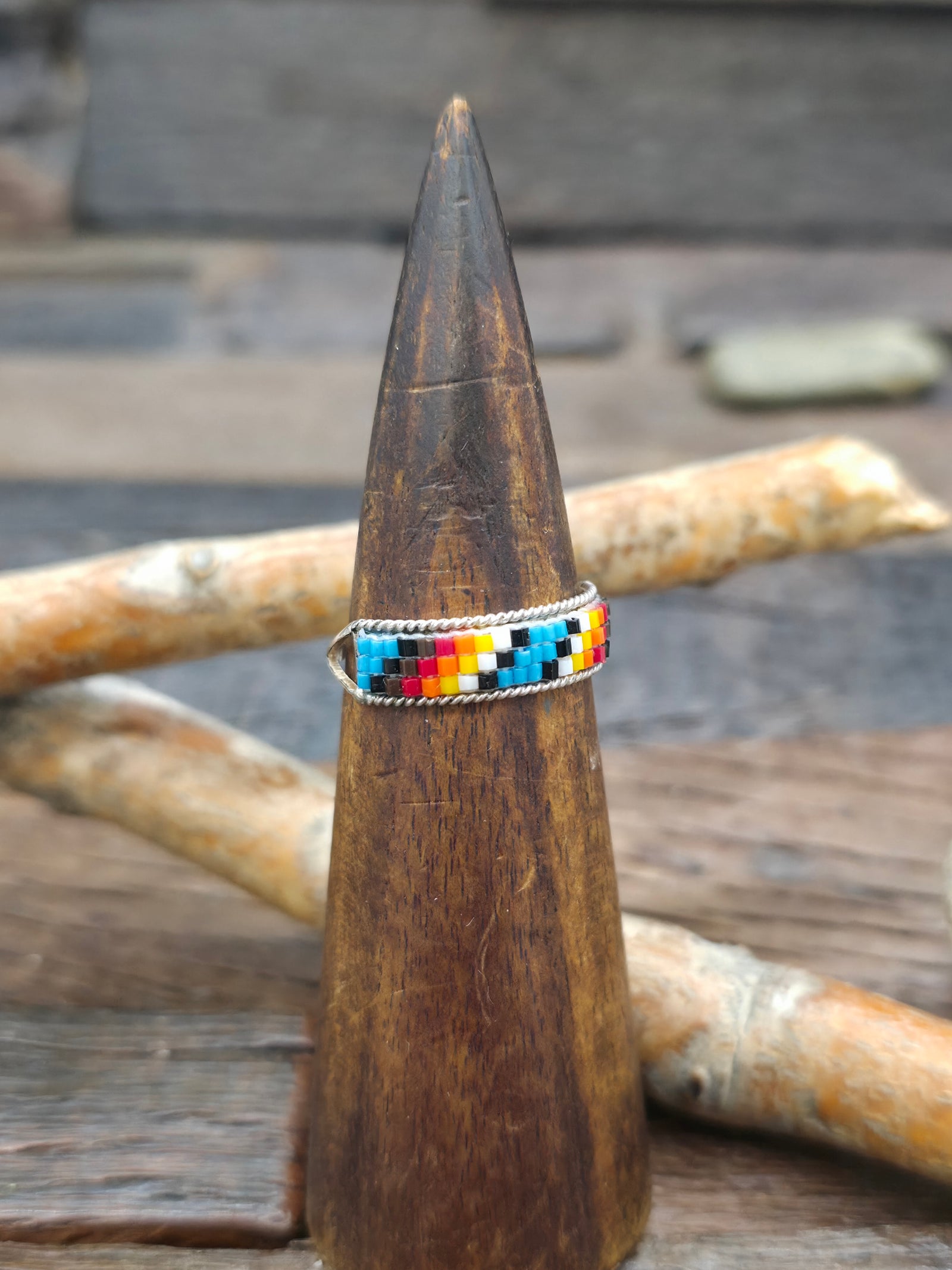 Sterling Silver and Beadwork Ring by Lucille Ramone - Size 11