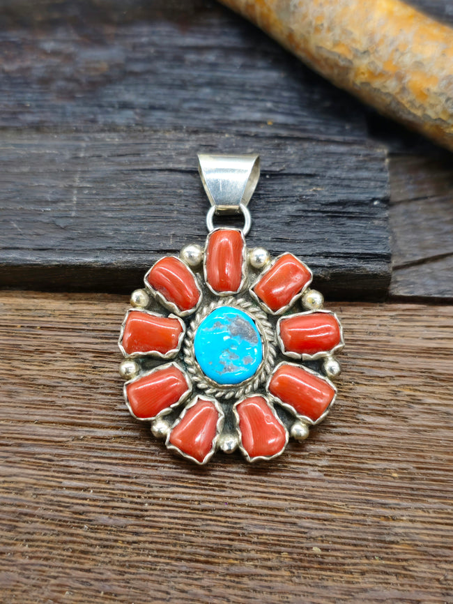 Turquoise and Coral Cluster Pendant by Julia Etsitty