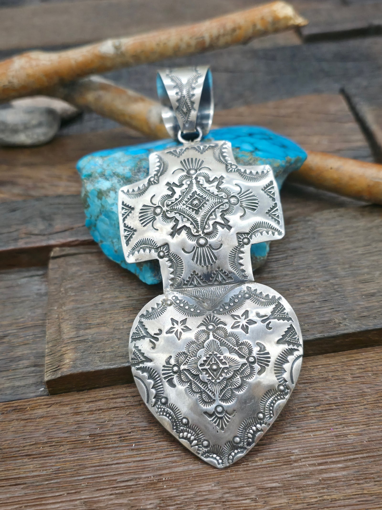 Large Stamped Sterling Silver Sacred Heart Pendant by Vincent Platero - 5 1/4 in. by 2 1/4 in.