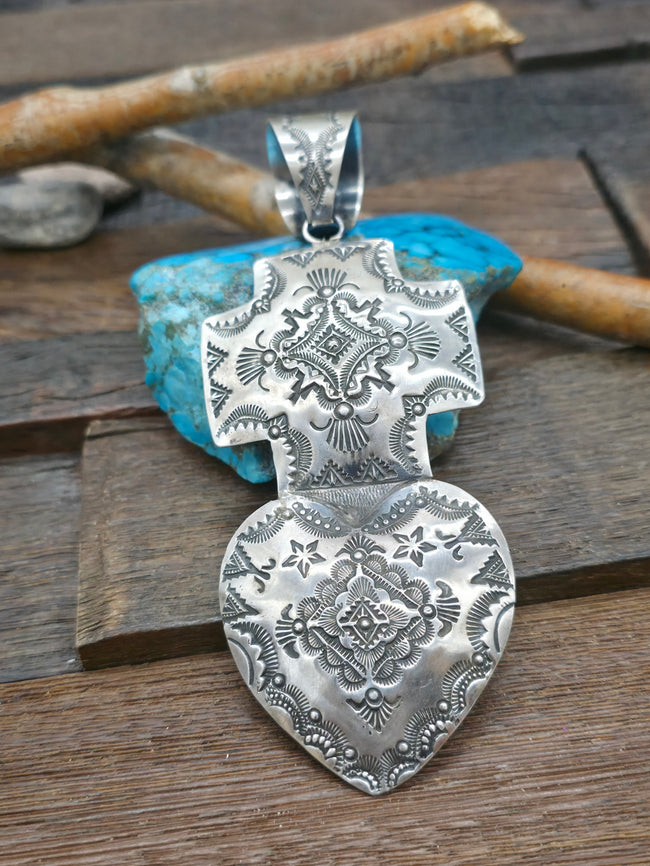 Large Stamped Sterling Silver Sacred Heart Pendant by Vincent Platero - 5 1/4 in. by 2 1/4 in.