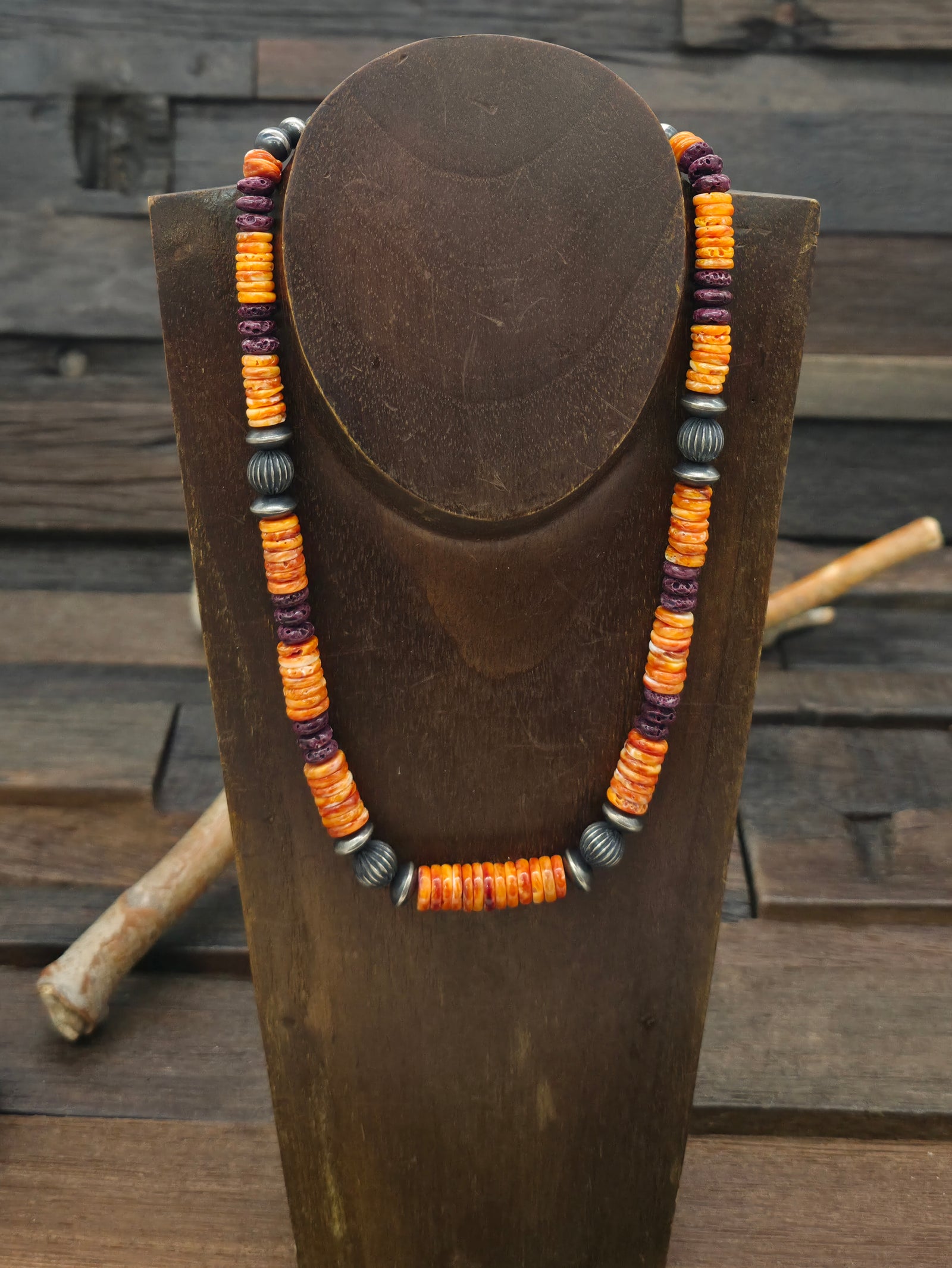 Purple and Orange Spiny with Fluted Sterling Silver Bead Necklace - 18 in.