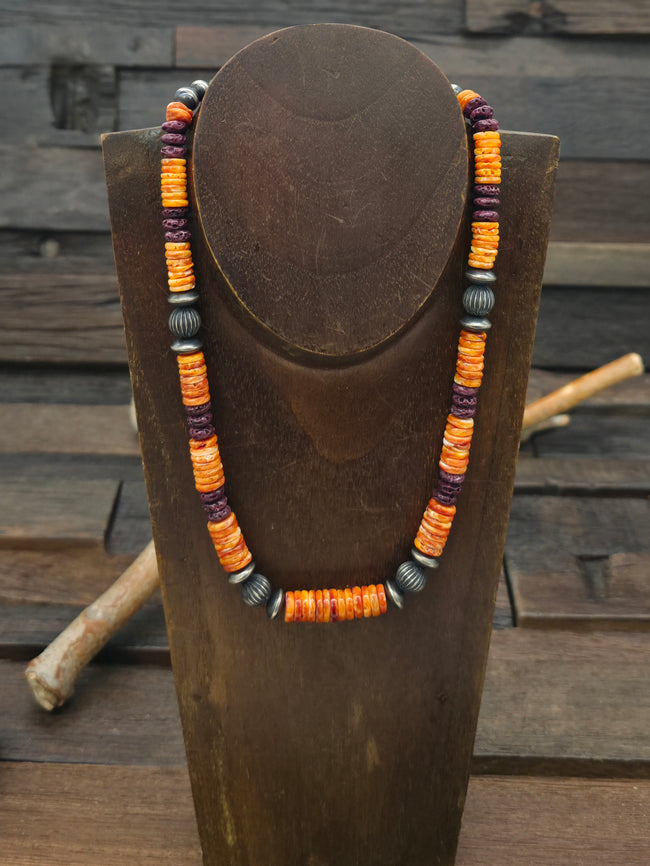 Purple and Orange Spiny with Fluted Sterling Silver Bead Necklace - 18 in.