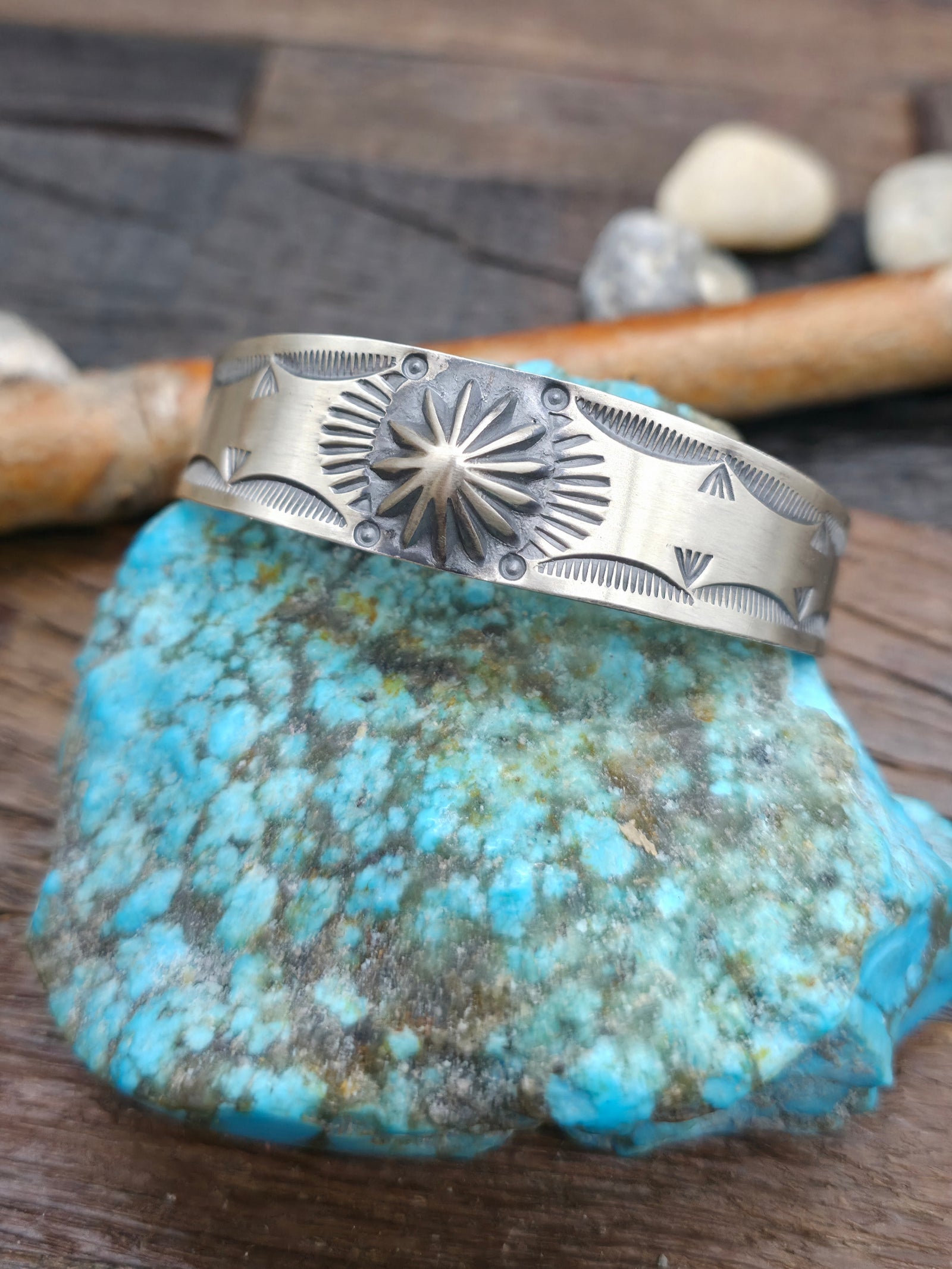Stamped Sterling Silver Cuff Bracelet by Arnold Goodluck - 6 3/4 in. with Gap