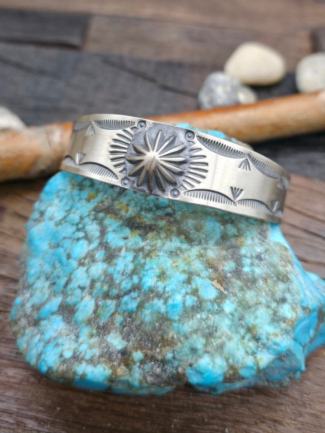 Stamped Sterling Silver Cuff Bracelet by Arnold Goodluck - 6 3/4 in. with Gap